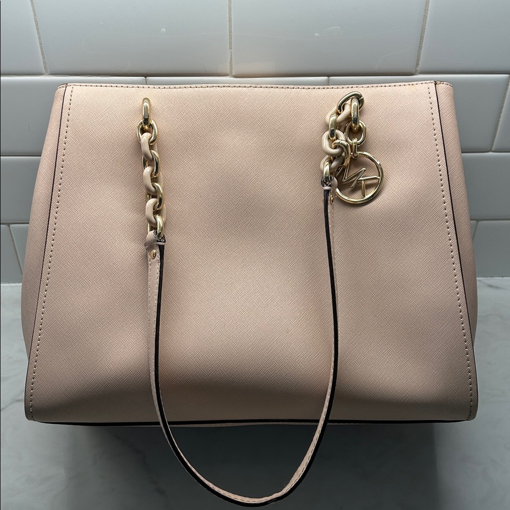 Michael Kors Blush Saffiano Leather Tote Gold Chain MK Charm Shoulder Bag